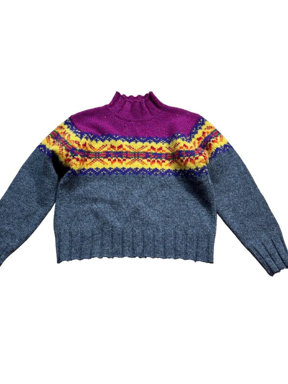 Express Vintage Size M Pink Yellow & Gray Fair Isle Wool Knit Mock Neck Sweater